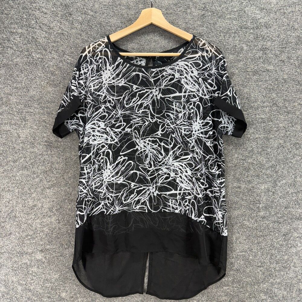 Peridot Blouse Women L Large Black Geometric Short Sleeve Hook & Eye Casual